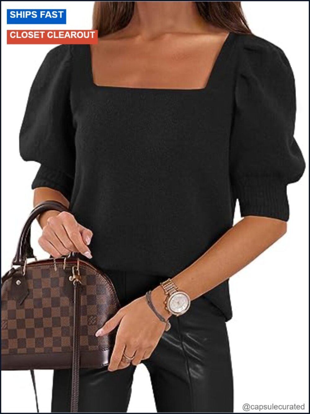 Puff Short Sleeve Sweater Top Square Neck Lantern Sleeve Knitted Blouse Casual